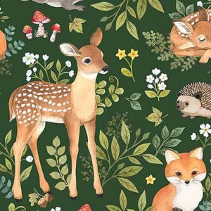 Tecido Woodland Babes Dark Green Forest