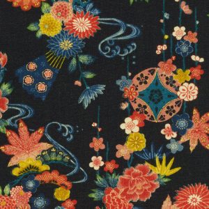 Tecido Japonês Kiku, Medalhões Florais em Preto